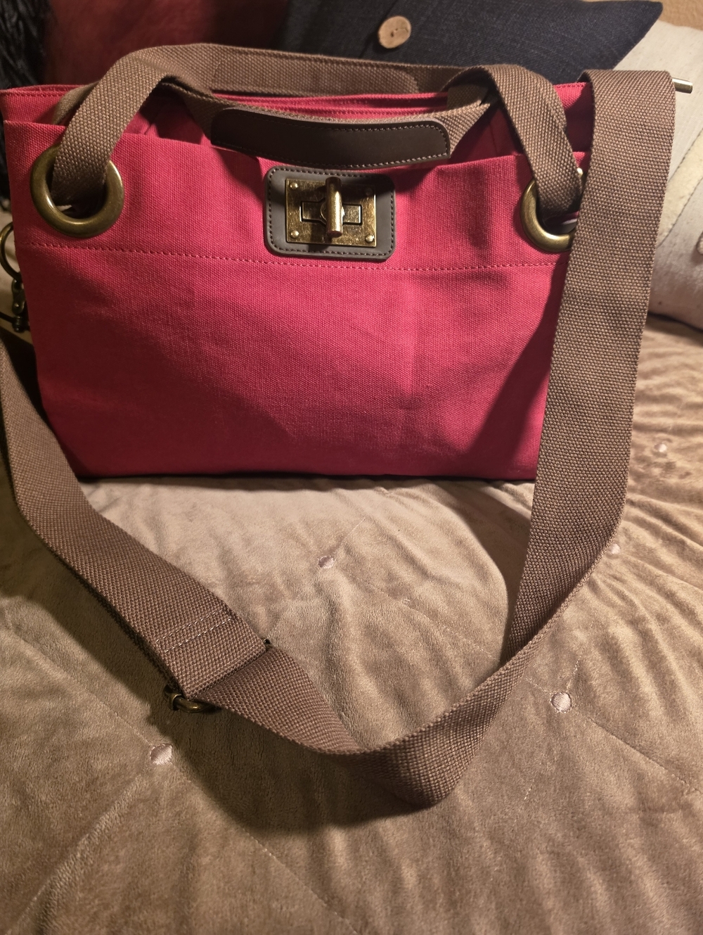 Canvas Shoulder Bag in Raspberry with Brown Strap